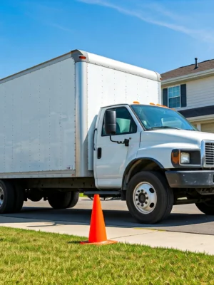 box truck using two traffic cones on the side opposite the curb for safety while parked in front of a home