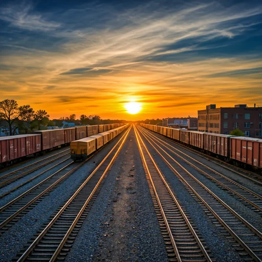 railroad yard at sunset