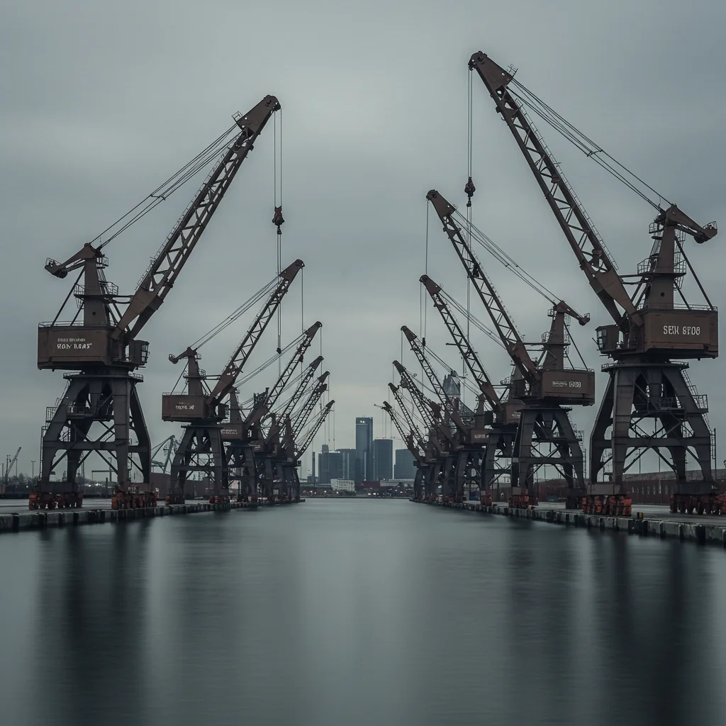 a row of cranes in the port of Detroit