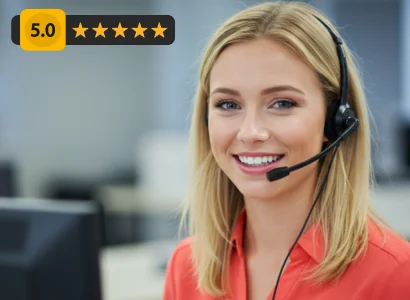 5 star female customer service agent smiling