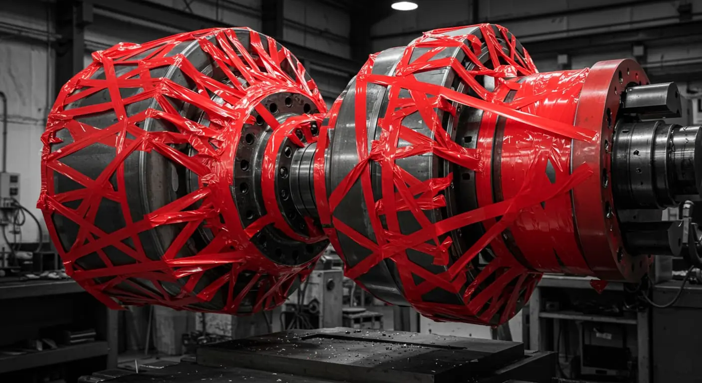 A boring machine wrapped in red tape... Get it?