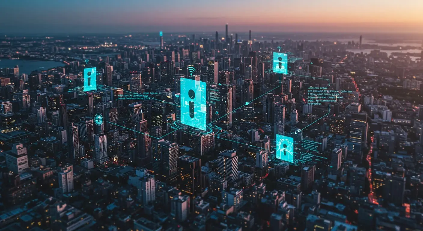 aerial view of a city with teal banners above the buildings 