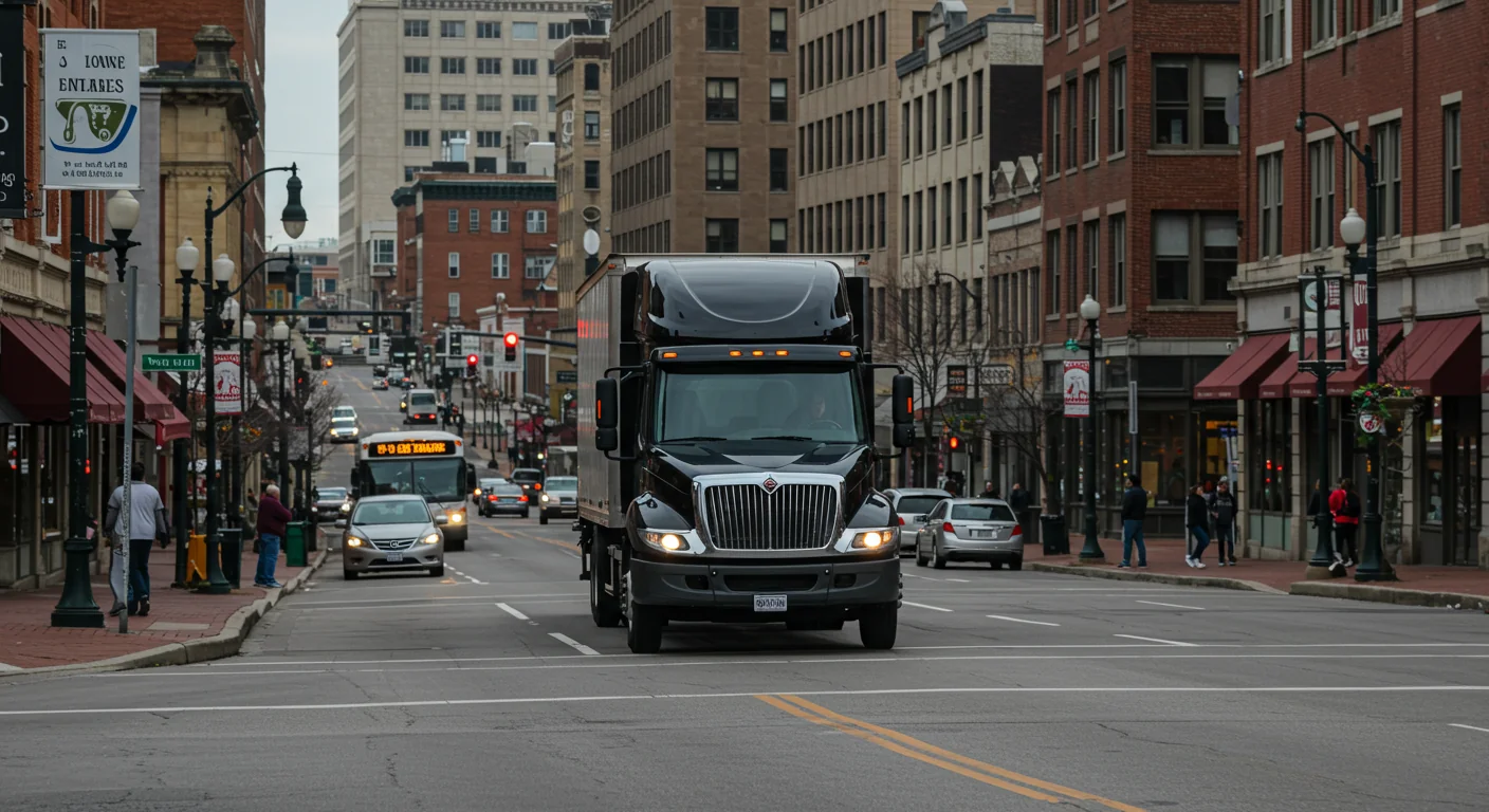 AI image of a freight truck driving in city