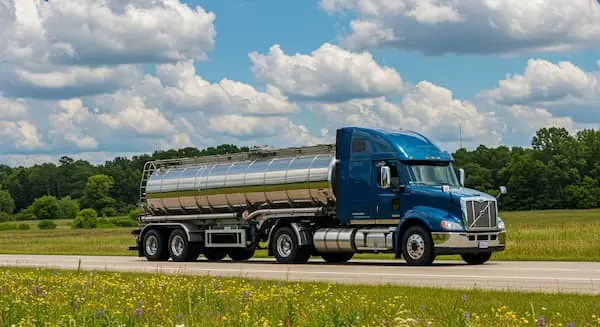 A liquid Bulk Truck heading down a flower-flanked freeway