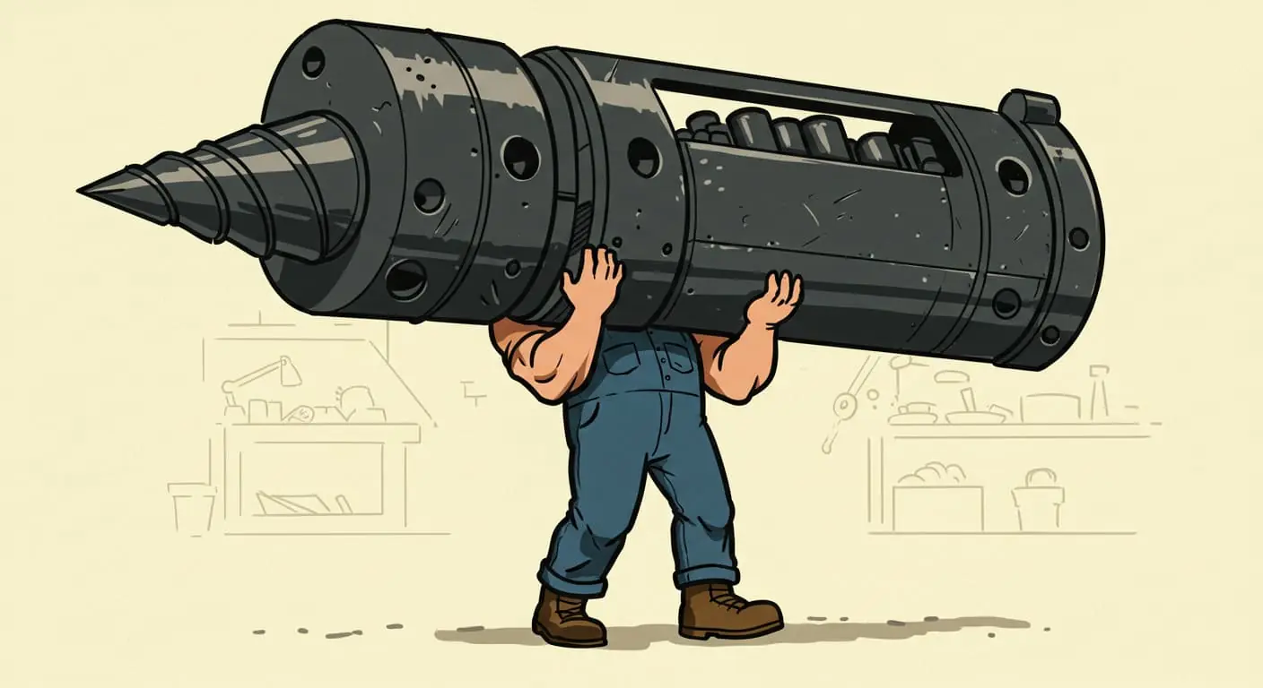 A cartoon of a man carrying a massive drill bit for a boring machine