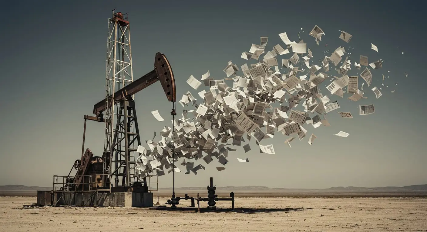 An oil derrick spewing out documents