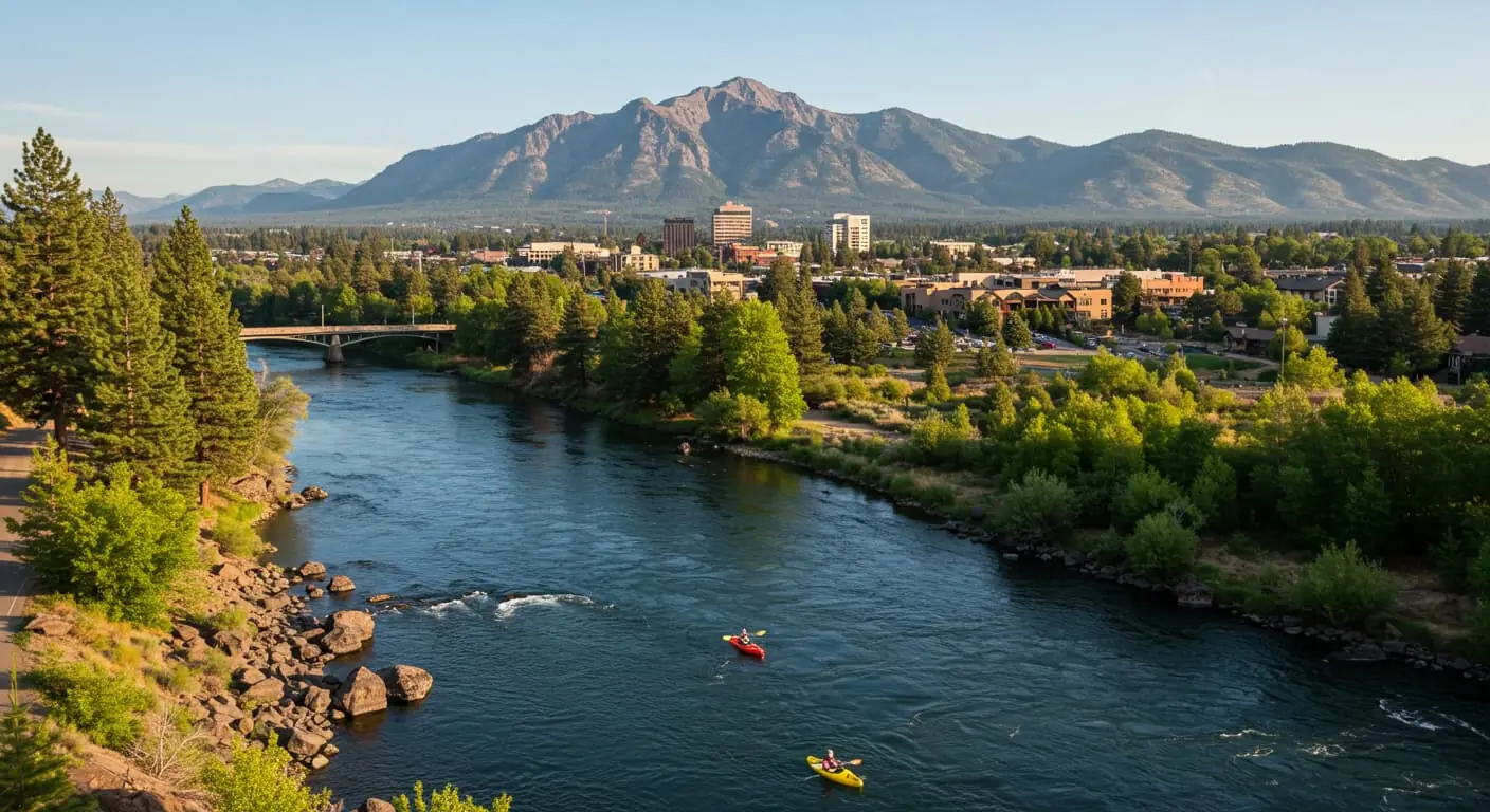 river in bend Oregon with mountains in the background