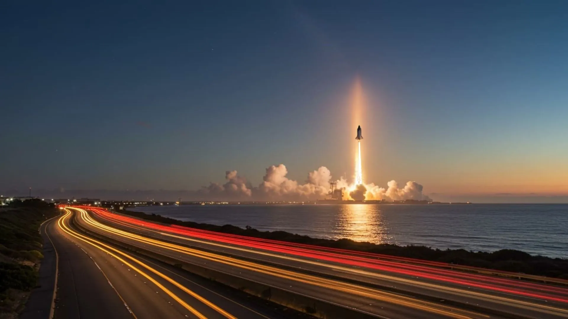 A photorealistic image of a freeway with a rocket launch in the background