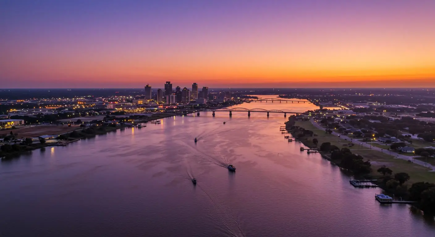 A photorealistic image of Lake Charles at sunset