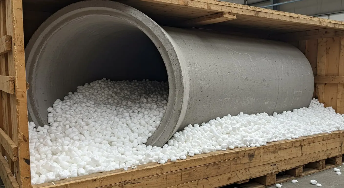 A concrete pipe in a crate surrounded by foam peanuts.