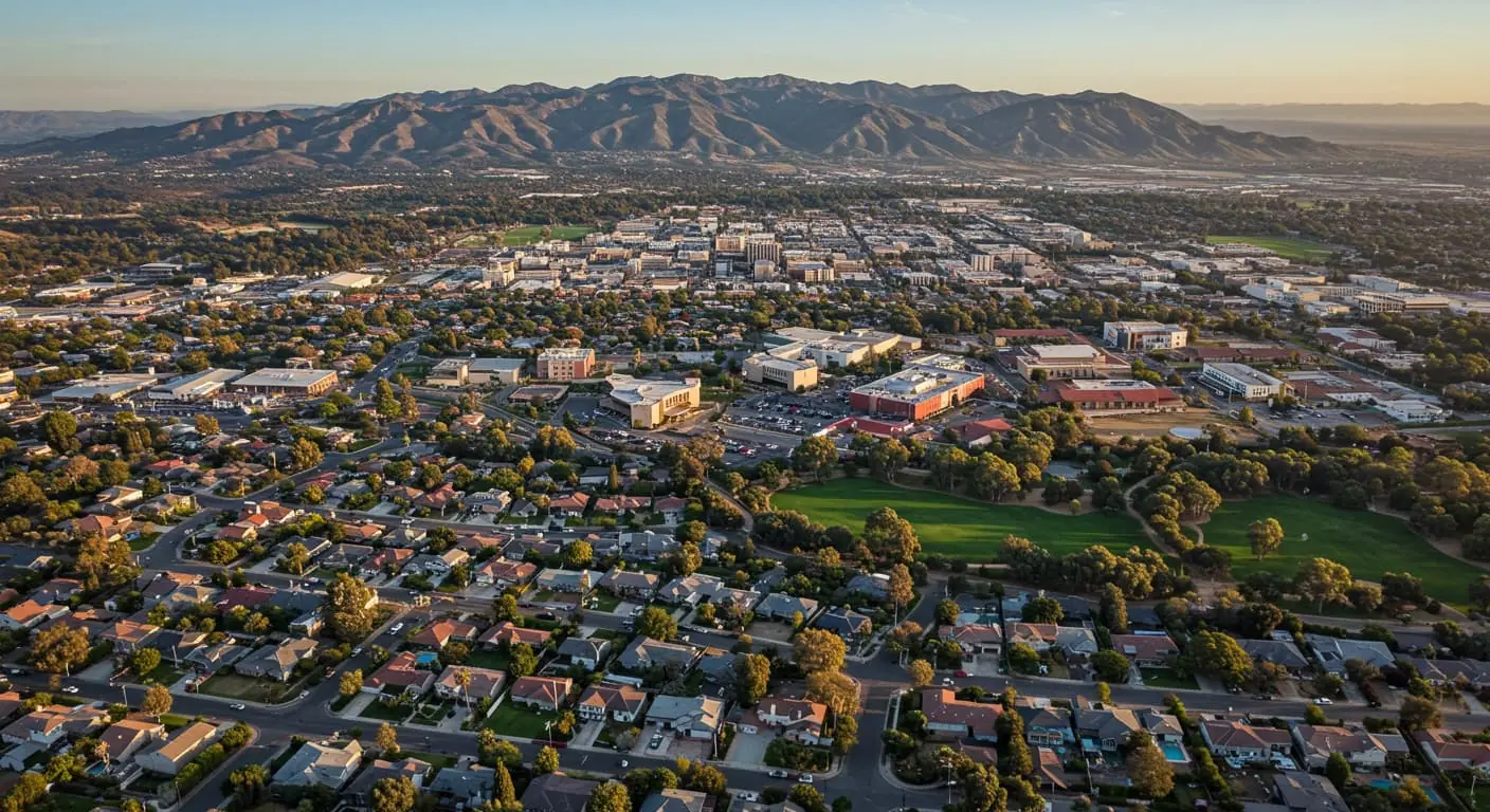 A photorealistic aerial image of Redlands, CA