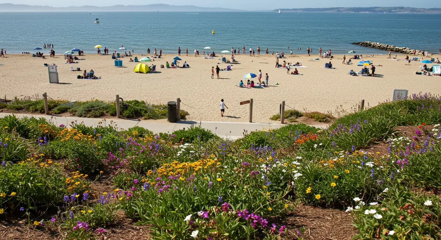 A photorealistic image of Crown Beach, in Alameda