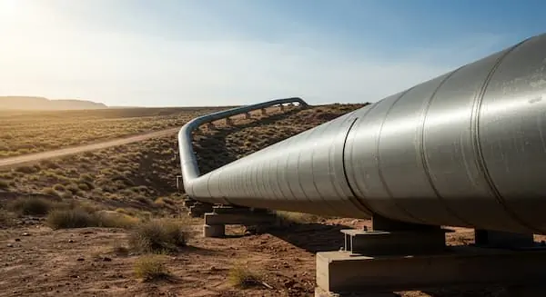 A large pipeline travelling through the desert