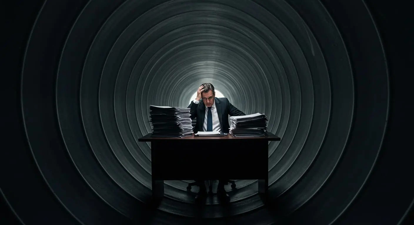 A stressed out CEO sitting at his desk, inside a large, dark pipe.