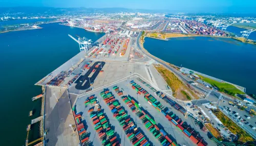 aerial view of the Port of Oakland, CA