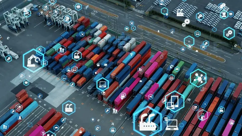 SaaS Solutions in Logistics aerial view of multicolored shipping containers on a dock surrounded by logistics related icons in hexagons