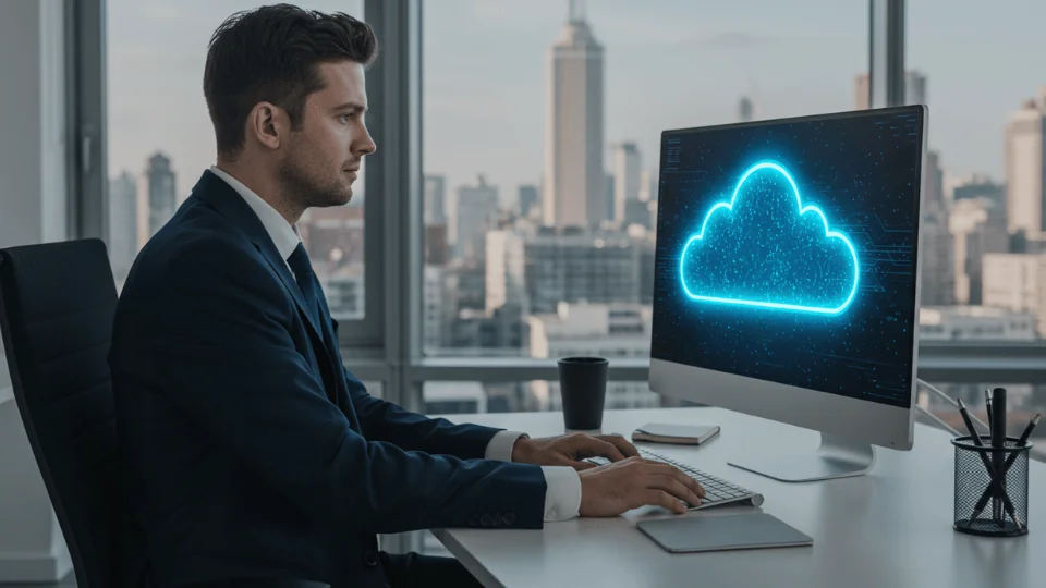 SaaS Solutions in Logistics businessman on computer with a neon blue cloud on the monitor