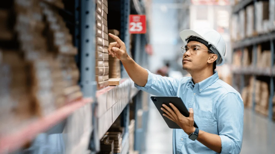 SaaS Solutions in Logistics warehouse supervisor using TMS on table to check inventory levels on warehouse shelf