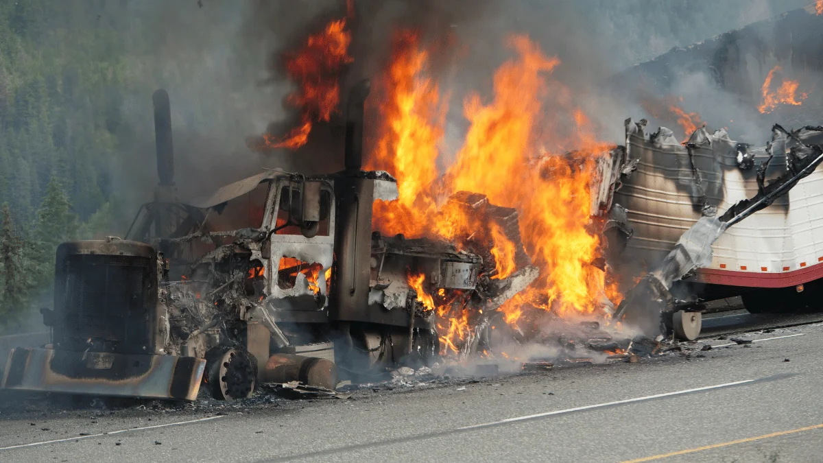 Self-Driving Vehicle semi truck engulfed in flames after a crash