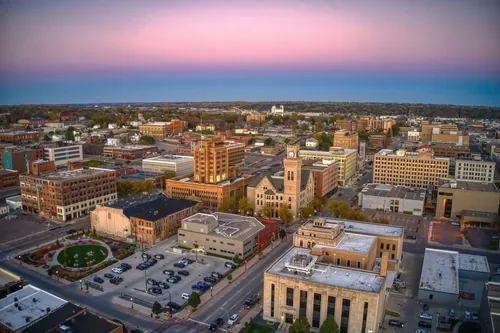 aerial view of downtown Sioux city Iowa at dusk