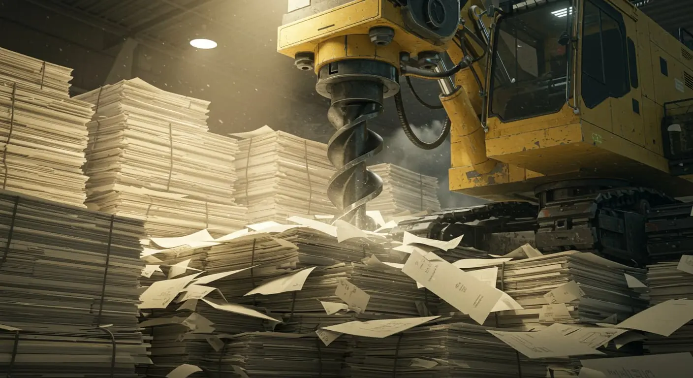 photorealistic image of a boring machine drilling through paperwork