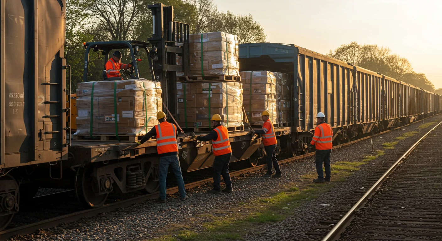 AI image of workers loading freight onto a freight train