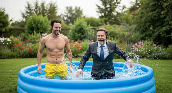 A client and a broker having fun in a pool together