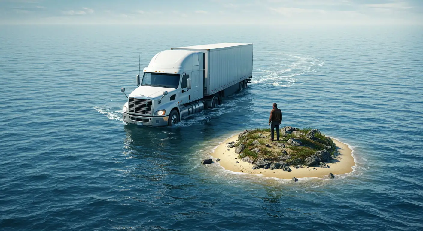 A semi truck driving across the top of the ocean toward man on a deserted island