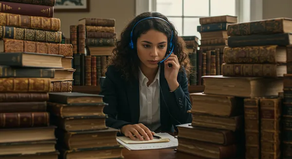 sales agent surrounded by stacks of books