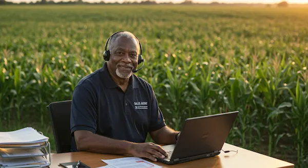 A sales agent sitting at his desk in the middle of a cornfield