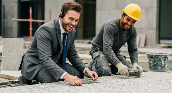 Salesman and a construction worker laying terrazzo tile together