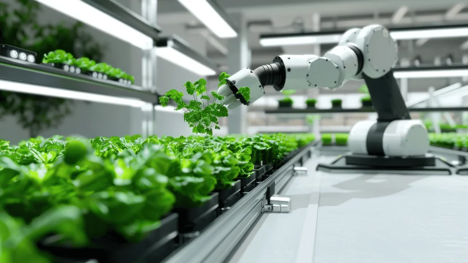 robot arm plucking parsley from black plastic pots on conveyor belt full of plants