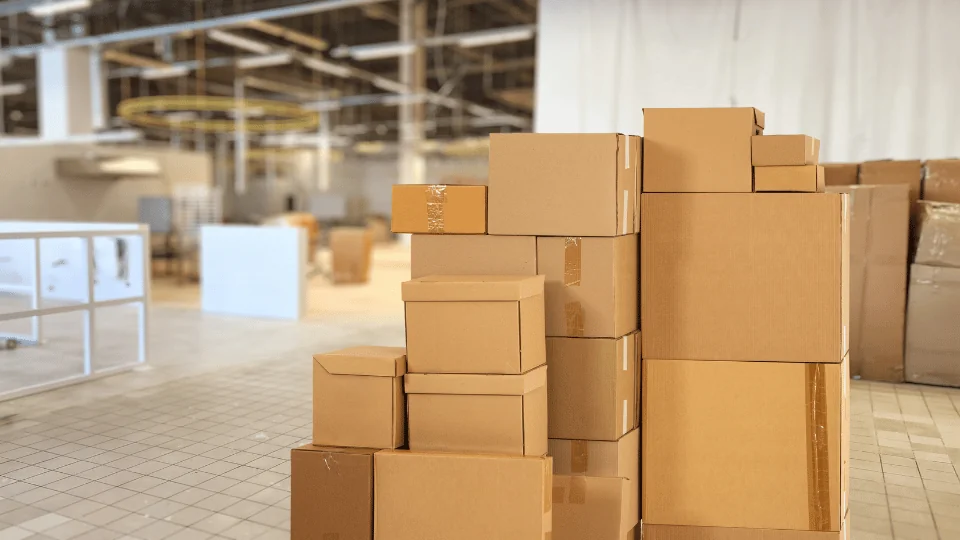 Shipping Office Supplies and Equipment boxes stacked in office under construction