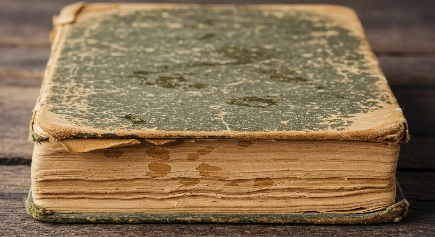 AN old book with water damage and a warped cover