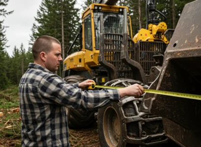 A man measuring a piece of forestry equipment with a tape measure