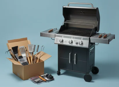 bbq grill with box of accessories