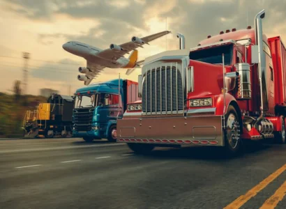 a truck, plane, and train lined up on a highway with a blurred backround