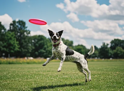 dog playing frisbee outside during the summer