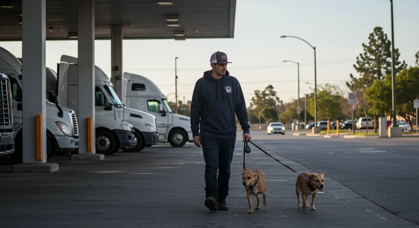 AI image of trucker walking his dogs