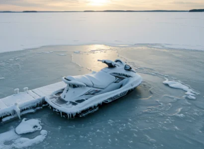 jet ski covered with ice by a dock during winter