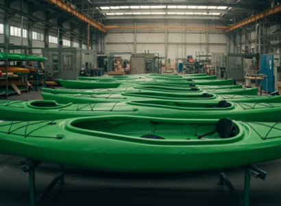 row of green kayaks inside a manufacturing plant