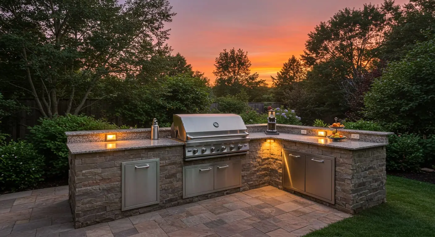 outdoor kitchen at dusk