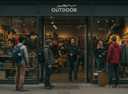 outdoor retailers store front with customers outside