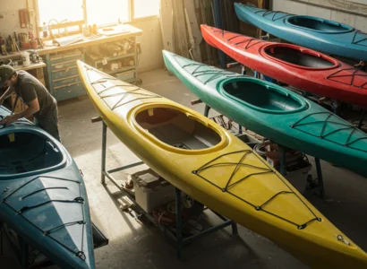 a man in his garage cleaning a kayak