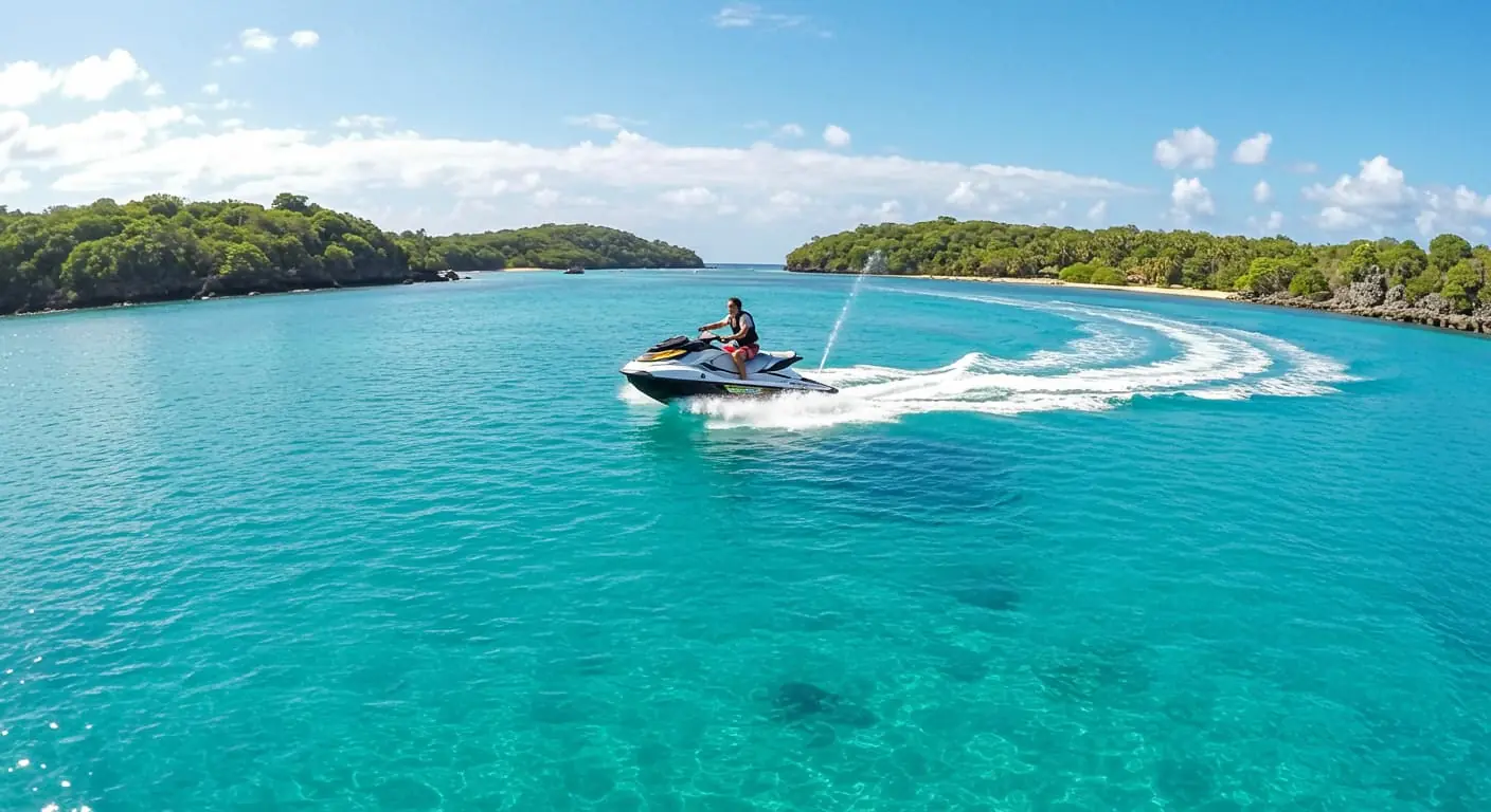 man riding a jet ski on tropical waters