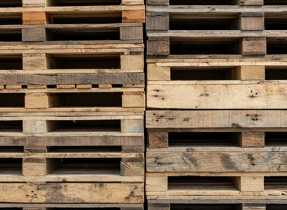 stacks of reclaimed wooden pallets