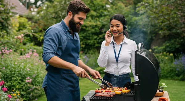 A guy and a saleswoman cooking out together