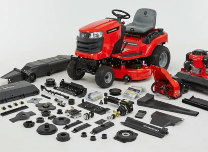lawn mower parts laid out on the floor