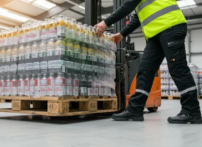 AI image of a warehouse worker handling beverages on a pallet