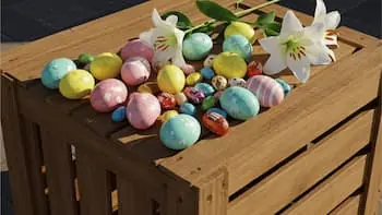Easter Shipping Easter eggs, lilies, and chocolate candies on a wooden crate PREVIEW VERSION